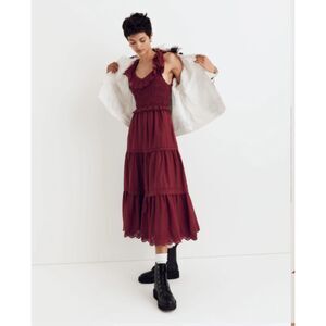 Madewell Lucie Eyelet Ruffle Dress Size 10 Vintage Mulberry Boho Cotton Midi